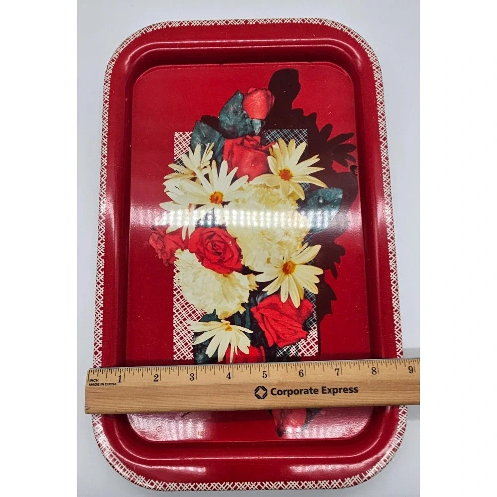 Vintage Red Floral Metal Serving Trays Set of 3 Roses Daisies Retro Kitchen 11.5